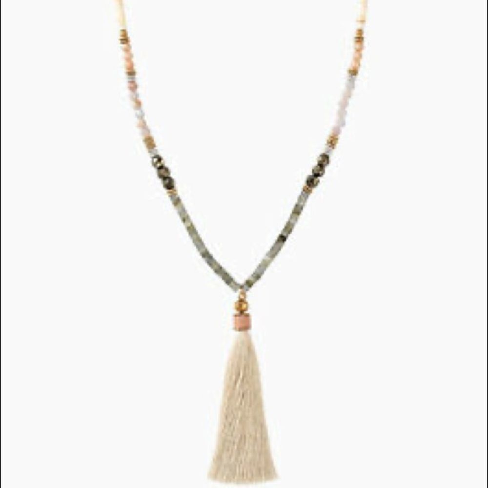 Stella & dot Antonia green and cream shell and tassel necklace